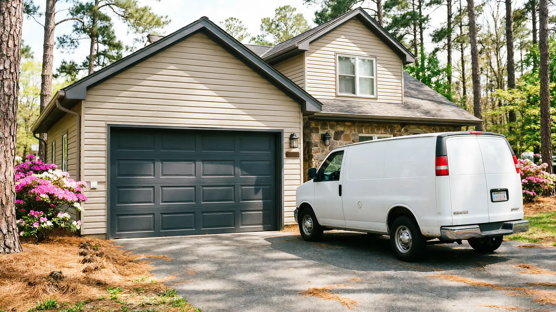 A white service van is parked in the driveway of a house with a dark gray garage door.